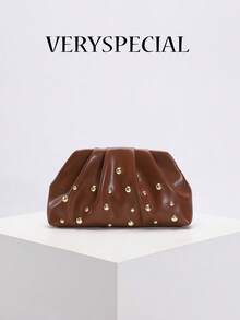 1pc High-End European Punk Style Heavily Embellished Metal Stud Ruched Cloud Clutch Bag, Fashion Women's Handbag With Chain Strap Suitable For Daily Commute And Formal Occasions - Multicolor - View 9