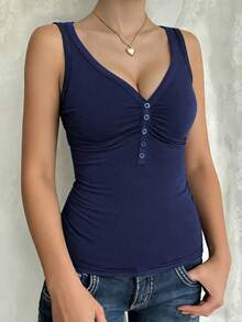 Women's Sleeveless V-Neck Slim Fit Casual/Work Blouse, Summer - Blue - View 1