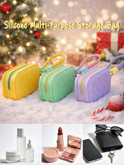 1pc Rhombus Silicone Large Makeup Bag, Multi-Functional Storage Pouch, Big Capacity Organizer Bag, Women Fashion Wristlet Clutch, Portable For Outdoor, Cosmetics, Brushes, Phone, Keys, Valentine's Day/Women's Gift,Pouch,Makeup Pouch,Travel Essential