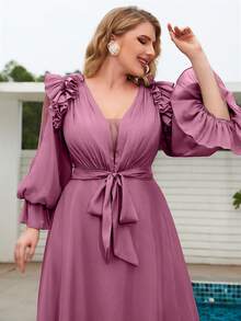 Đầm voan mỏng nhẹ, tay phồng, cổ chữ V, xếp ly, thắt eo, chất liệu chiffon mềm mại, thanh lịch, thích hợp cho đám cưới, tiệc mùa xuân. - Bụi hồng - Xem 5