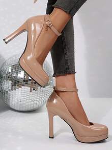 Women's Platform Mary Jane Pumps Closed Round Toe Ankle Strap Stiletto High Heels Dress Shoes - 米色 - 查看 10