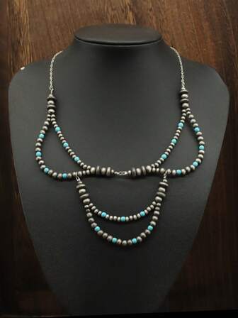 1件西部乡村风格纹理珍珠绿松石串珠短项链，女士日常佩戴