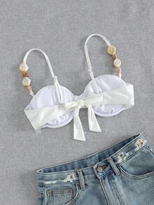 1 Stück einfarbiger süßer Stoff Rüschen Rückenfreier Bikini-Top, Urlaub am Strand, Frühling/Sommer, Perlen Unterbügel Weiß - Weiss - Übersicht 4