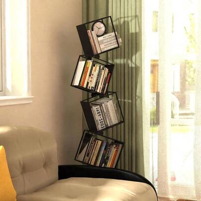 5 - Tier Metal Geometric Bookshelf U2013 Modern Narrow Floor Bookcase, Space - Saving Organizer Living Room, Bedroom, Office, Corner U2013 Black