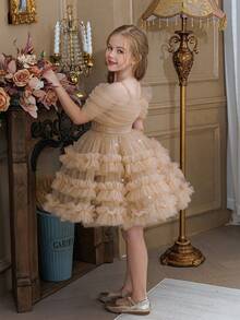 Young Girls Champagne Spaghetti Strap Off Shoulder Sequin Handmade Beaded Mesh Elegant Christmas Party Cake Dress, Princess Dress, Suitable For Girls Birthday Party, Prom, Wedding Flower Girl, Easter, Graduation - Khaki - View 7