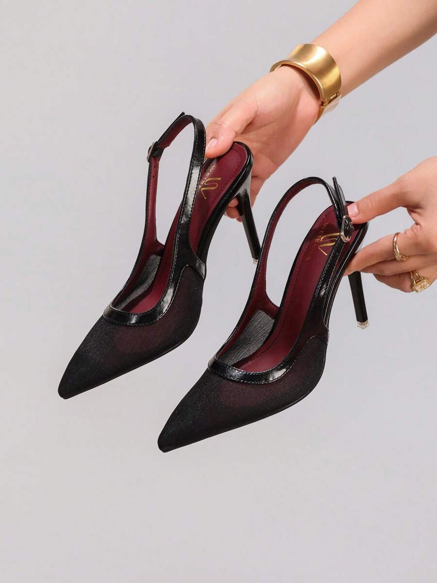 时尚蕾丝拼接黑色高跟鞋，性感尖头派对晚宴鞋，超高跟踝带细跟凉鞋，女士 - 黑色 - 查看 1