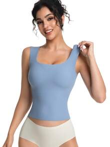 Women's Built-In Bra Tank Top Wide-Strap Square Neck  Ribbed Slim Fit Summer Wirefree Shelf Padded Tank Shirts - Màu xanh bụi bặm - Xem 5
