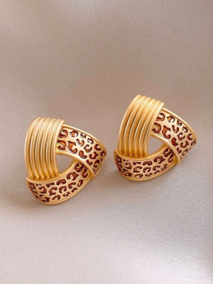 1 paire de boucles d'oreilles vintage imprimé léopard, boucles d'oreilles géométriques uniques avec personnalisation haut de gamme, boucles d'oreilles polyvalentes pour femmes - Doré - Voir 1