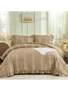 3 Pieces Beige Textured Comforter Set Queen King,Ruffle Farmhouse Shabby Chic Comforter For Queen Bed,Soft Seersucker Boho Bedding Set With 1 Ruffle Comforter,2 Tufted Pillowcases Valentine Decor Room Decor - Khaki Ruffle - 查看 11