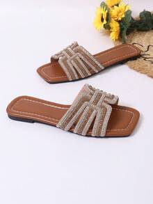 Plus Size Women's Luxury Inspired Chain Cutout Open Toe Minimalist Rhinestone Embellished Slide Sandals - Comfortable Versatile Brown Olive Color Beach Slippers - Brown - View 6