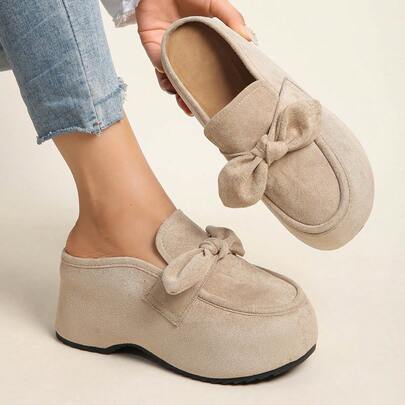 大码女士时尚蝴蝶结装饰厚底舒适套脚高跟凉鞋，适合海滩和居家穿着