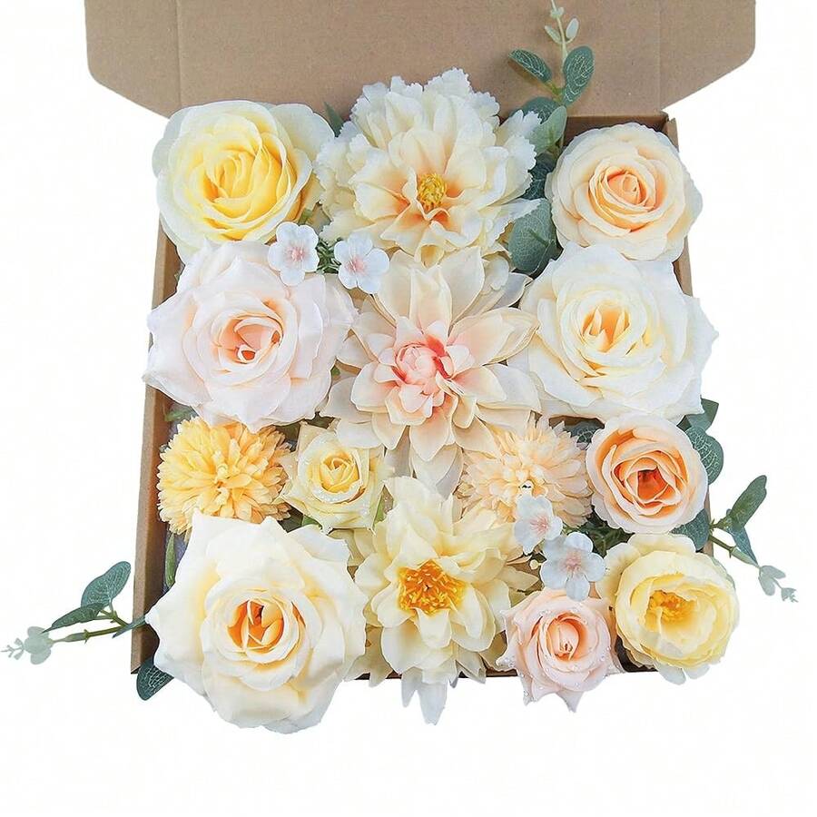 [Free Shipping]Artificial Flowers For Home Decorations: Champagne Silk Fake Flowers Bulk Boxed Set, Peony Roses Bouquets With Stems For Table Centerpiece, DIY Wedding, Bridal Shower, Tea Party. - 香檳色 - 查看 1