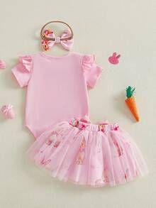 Conjunto de 3 piezas para bebé niña, de Pascua, primavera y verano, con estampado de letras, ribete con volantes, cuello redondo, manga corta, mono, falda de malla de conejito y diadema con lazo, ropa bonita para festivales de ocio, ideal para 0 a 18 meses. - Rosa - Ver 7