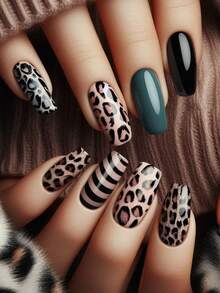 24pcs Leopard Print Nail Stickers, Nail Art Supplies, Gothic Style Nails, Green Nails, Solid Color Nails - Dark Green - View 1