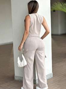 2pcs/Set Women's Spring/Summer Commuting Casual Outfit, Front Button Sleeveless Vest & High Waist Straight Leg Pants With Zipper & Button Pockets Elegant - Apricot - View 4