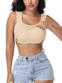 Women's Built-In Bra Tank Top Ribbed Slim Fit Wirefree Shelf Padded Tank Shirts Wide-Strap Square Neck Undershirt - Khaki - View 8