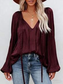 Women's Plus Size Solid Color V-Neck Drawstring Casual Long Sleeve Shirt Spring - Burgundy - View 2