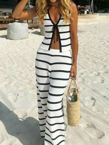 优雅女士春夏时尚日常居家休闲周末假日海滩度假针织条纹基础款简约修身撞色蕾丝吊带无袖开衫上衣和裤子套装毛衣两件套 - 白色 - 查看 1