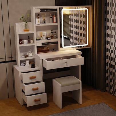 OYAJIA Schminktisch mit Hocker und LED-Beleuchtung, 3 Farben mit Einstellbarer Helligkeit, Frisiertisch mit Spiegel für Make-up, Eck-Make-up-Schreibtisch,Kosmetiktisch mit 4 offene Ablagen, 4 Schubladen, modern, weiß
