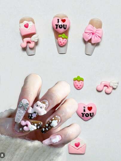 情人节散装供应 30 件装 Y2K 粉色可爱 3D 树脂卡通 我爱你 我爱我自己 心形 迷你草莓 爱心信封 蝴蝶结翅膀 音符 美甲装饰吊坠宝石 平底可爱 手机壳 发夹收纳盒 装饰配件 手工 法式芭蕾舞棺材 日常美甲工具 DIY 手工艺品