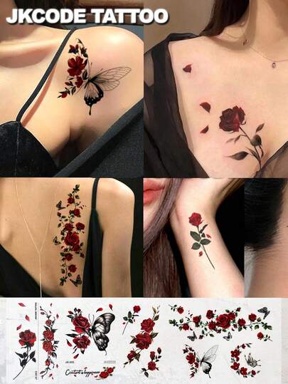 JKCODE TATTOO 8pcs Red Rose Tattoo - Romantic Elegant Style "Red Rose Butterfly" Large Size Colorful Daily Temporary Tattoos, INS Christmas Pattern Cool Girl Hand Back Neck Leg Multi-Purpose Waterproof Lasts 3-5 Days