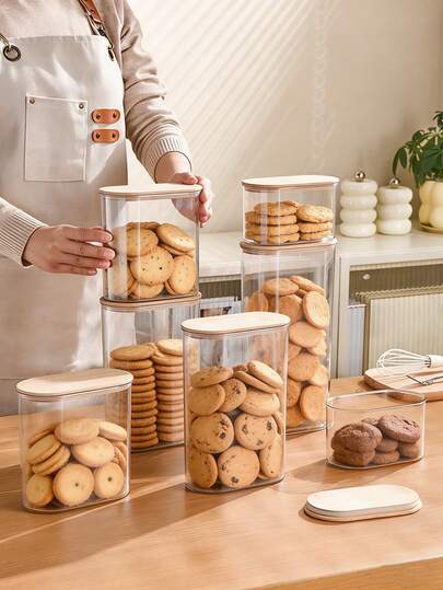 1 pieza/Set Tarro de galletas con tapa de bambú, caja de envasado de material PET transparente, recipiente de almacenamiento de cereales y granos, recipiente hermético para la cocina, de boca ancha, adecuado para encimera, para almacenar nueces, granos de café, caramelos, granos, gominolas, arroz, frutas secas, pasta, caramelos y aperitivos. Decoración de habitación, accesorios de cocina, preparación de comidas, tarro de regalo, utensilio de comedor, decoración navideña, organización del refrigerador.