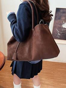 Bolso de mano grande de mujer de unicolor con estilo retro - Marrón - Ver 4