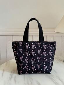 优雅妈妈包，饰有蝴蝶结和爱心图案，大容量手提包，简约百搭，适合外出、学生和上班族，可用作午餐盒、保温袋、保冷袋、防水袋，男女皆宜，适合野餐、返校季礼物、露营必备。 - 彩色 - 查看 4