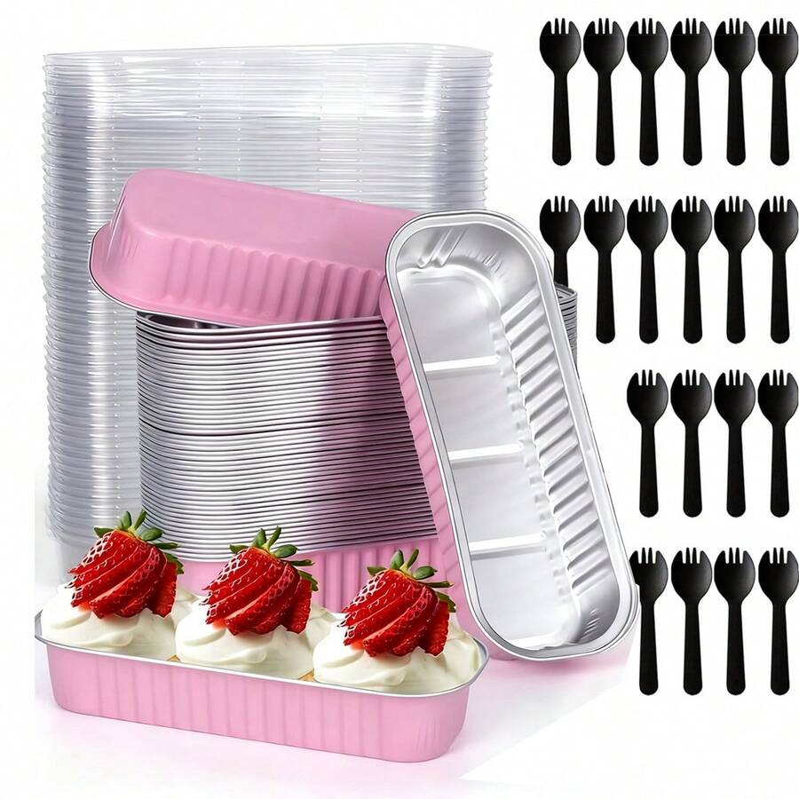 40/100pc Aluminum Foil Mini Cake Pan, With Lid And Spoon, Is Perfect For Baking Mini Cakes, Cupcakes, Bread, Muffins And Cream Cakes. It Is Suitable For Large Gatherings, Picnics And Vacation Parties - 彩色 - 查看 1