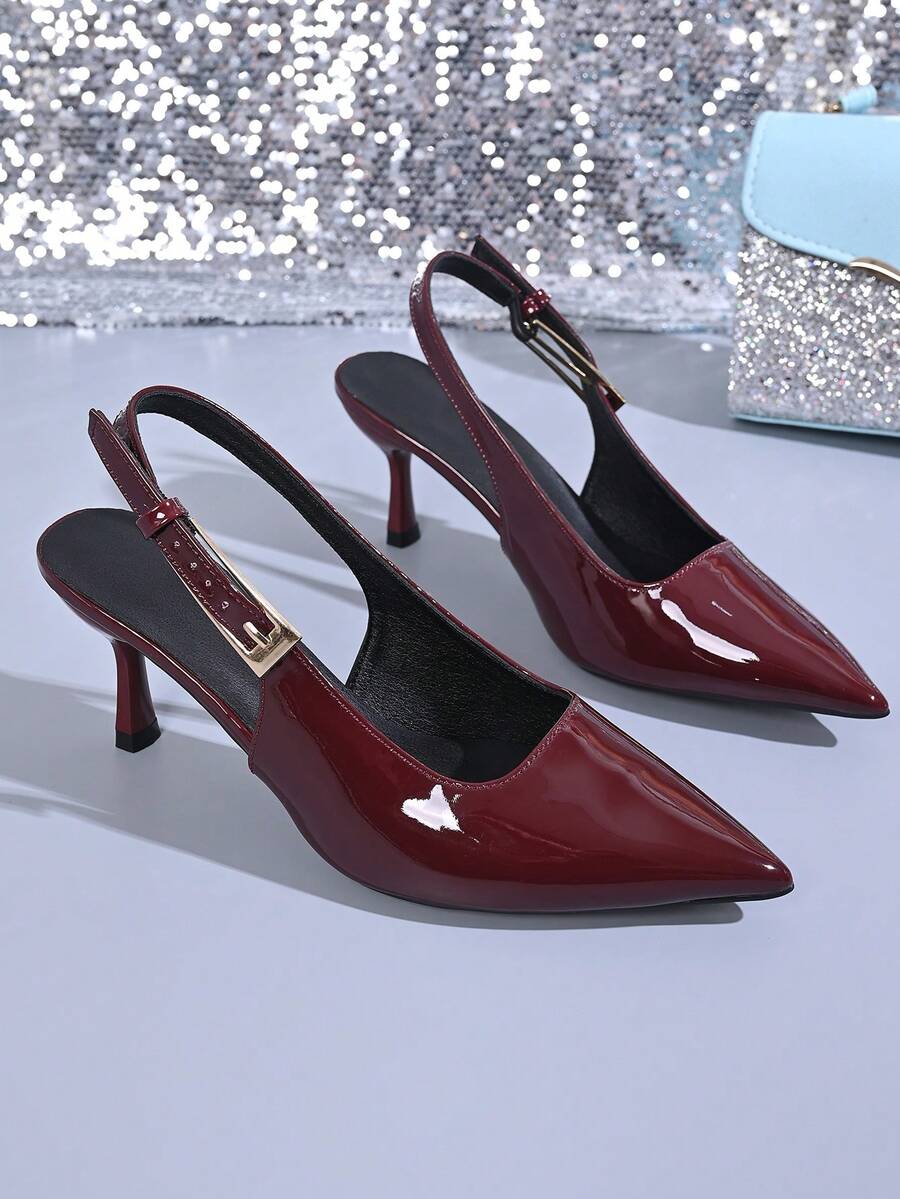Sapatos femininos elegantes de salto alto estilo clássico, novos, cor borgonha brilhante, com tira traseira, para festa noturna e uso casual, chiques e minimalistas, confortáveis e versáteis, saltos agulha vermelhos brilhantes com banda elástica e fivela, sapatos femininos e sandálias femininas de costas abertas - Borgonha - Ver 1
