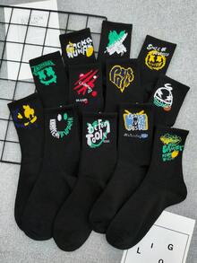 1/5/10 Pairs Random Graffiti Letter Fabric Cartoon Skateboard Street Style Basketball Socks, Crew Length High Waist Sports Socks, Unisex, All Season - Black - View 13
