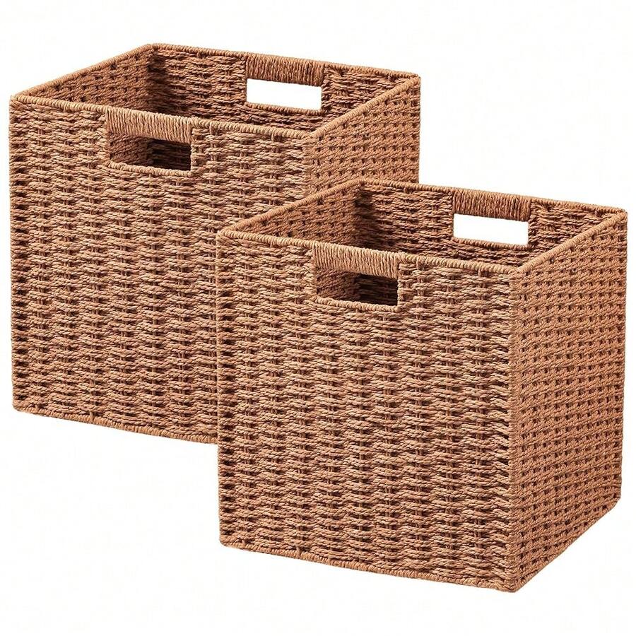 UBBCARE 2 Pack Wicker Basket, 11L*11H*10.5W Inch Woven Paper Rope Storage Baskets For Shelves, Foldable Cube Storage Bin With Handle, Storage Basket For Organizing & Decor, Caramel - 焦糖 - 查看 1