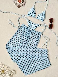 Bộ bikini 3 mảnh in họa tiết chấm bi dành cho nữ năm 2026, thiết kế cổ yếm, buộc dây bên hông, quần lưới che phủ, kiểu dáng dễ thương, hở lưng, thích hợp cho ngày Valentine, kỳ nghỉ biển mùa xuân/hè. - Màu xanh lam - Xem 4