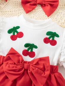 2件套女婴樱桃印花连体衣+蝴蝶结发带休闲套装，春夏款 - 彩色 - 查看 6