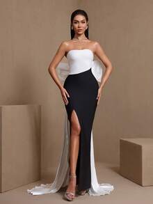 Black & White Patchwork Strapless High Slit Dress
