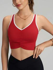 ATTRACO Women's White V Neck Ruched Sleeveless Sports Tank Top, Removable Padded Racerback Workout Sports Bra Summer - Red and White - View 2