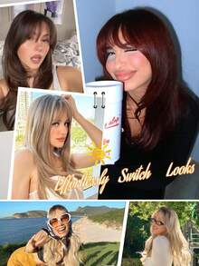 DZfirst 26 Inch Glueless Natural Black Wig For Women, With Bangs - Long Straight Layered Fashion Synthetic Hair, Pre-Bleached Lace Bangs, Realistic Scalp Design, Upgraded Premium Fiber, Wear And Go, Suitable For All Races, Wig, Easy To Wear, Elegant Hair Solution - Ombre Gold/Ombre Brown/Gold/Dark Brown/Ginger Copper - Multicolor - View 8