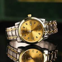 1pc CILOA Business Wrist Watch, Gold-Tone Metal Band + Roman Numeral Dial With Diamonds, Men's Quartz Watch For Casual & Daily Wear