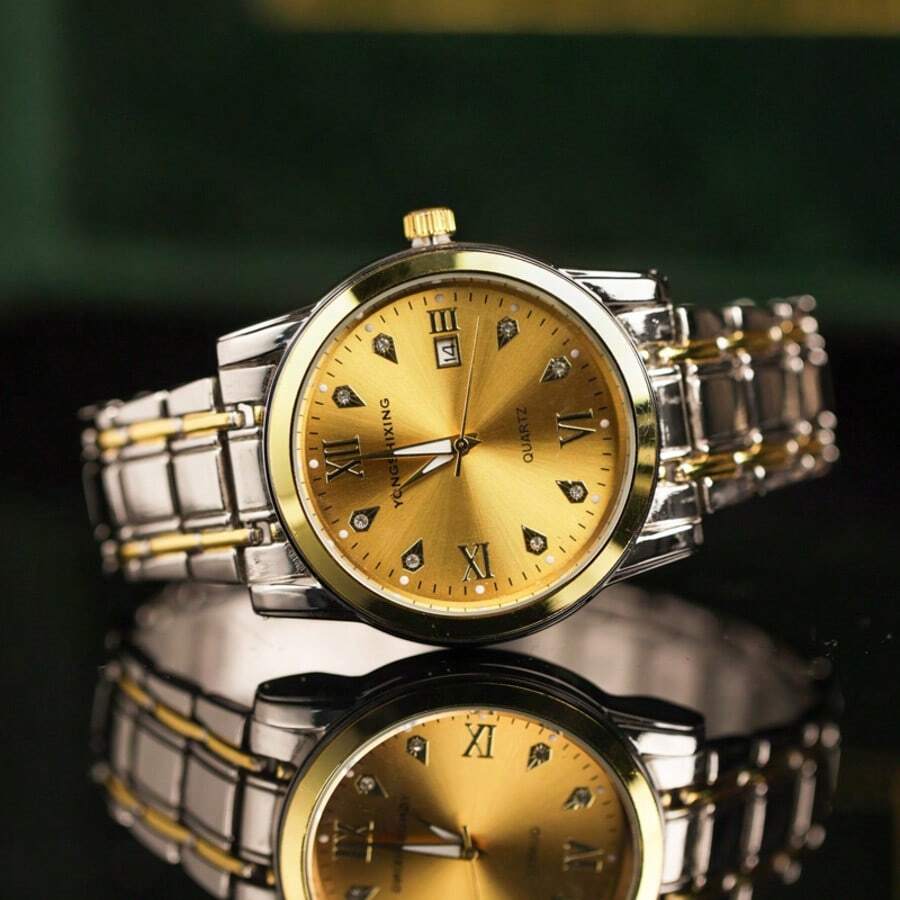 1pc CILOA Business Wrist Watch, Gold-Tone Metal Band + Roman Numeral Dial With Diamonds, Men's Quartz Watch For Casual & Daily Wear