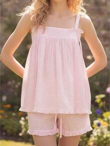 Women's Plaid Shorts Outfit Loose Fit Stylish Bows Ruffled Trim Spaghetti Strap Tops And Shorts 2 Pcs Set - Pink - View 1