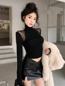 2026 Spring Women's Black Mesh Patchwork Fleece Turtleneck Long Sleeve Crop Top, Fitted Design Undershirt - Black - View 7
