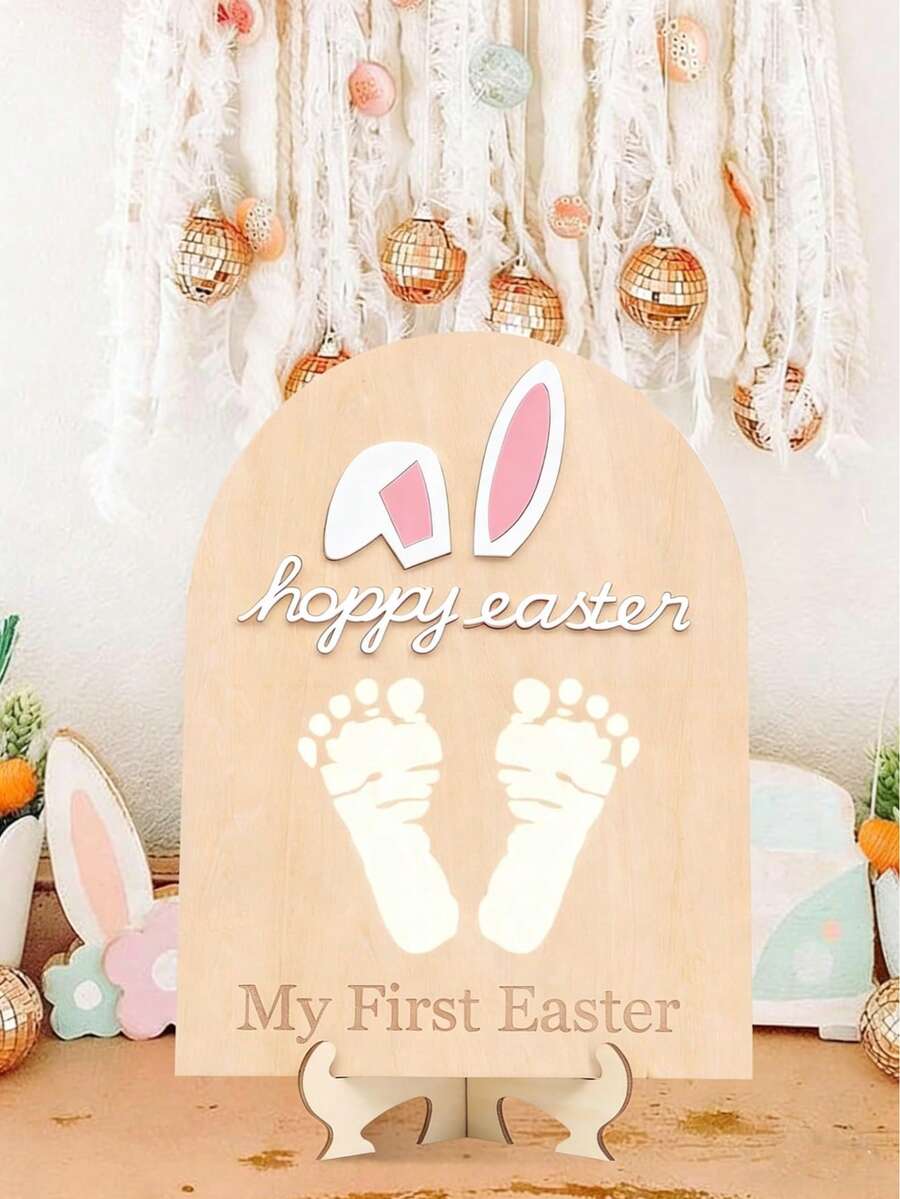 1 Set DIY Oster Fußabdruck Kunst Holz Meilenstein Karten, Oster Souvenirs - perfekt für Baby Partys, Dekorieren Ihrer Baby's erste Oster Party, Herstellen von Feiertags Foto Requisiten, Gestalten des Familien Feiertags Tisches oder als wertvolle Erinnerungsstücke ausstellen. - Verschiedenfarbig - Übersicht 1