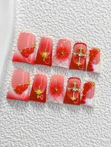 10pcs Romantic French Handmade Press-On Nails, Polygel Nail Art Set, Gradient 3D Flower, Star, Cross Pattern, Red & White Color, Playful & Cute Style, Includes Nail Tools, 3 Sizes Available, Almond/Duck/Coffin Shape, Suitable For Party, Dancing, Daily Wear - 彩色 - 查看 11