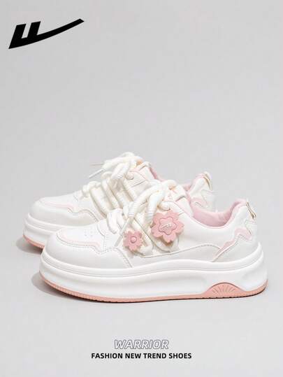  1 Pair WARRIOR Women's Thick Sole Lace-Up Soft Bottom Casual Shoes, Low-Top Outdoor Flat Shoes, Round Toe Low Heel Non-Slip Solid Color Elegant Soft Bottom Hiking Shoes, Suitable For Students, Graduation Photos, Flat Shoes, Women Low-Top Leather Sports Skateboard Shoes