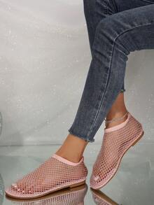 Sandálias femininas com estampa de strass, solado macio e vazado, calçados de praia leves e brilhantes, sapatos femininos sensuais, sandálias rasteiras com decoração de strass. - Rosa - Ver 7
