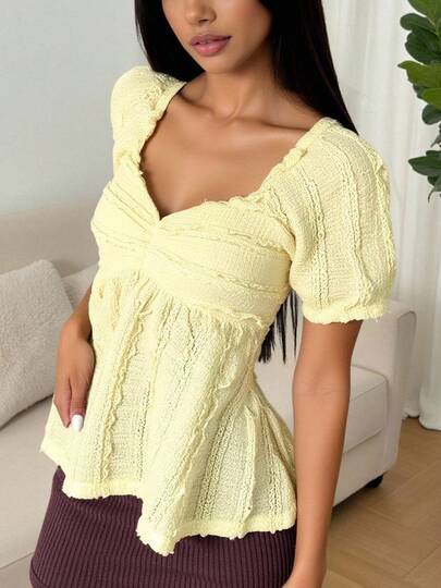 Sweet Petal Sleeve Lace Ruffle Solid Color Smock Top Casual Summer