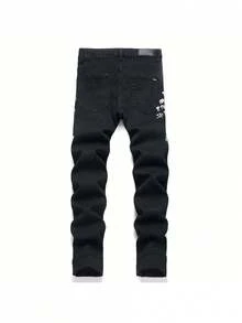 Pantalones vaqueros negros de alta calle ajustados de pierna recta con parche bordado y vaqueros desgastados elásticos para la moda juvenil - Negro - Ver 2