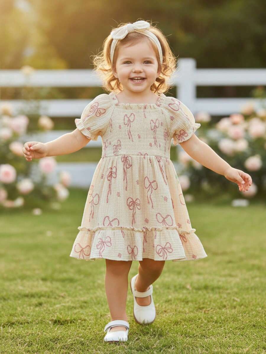 Vestido con estampado de lazo para niña pequeña: manga corta con volantes y diadema con lazo para uso informal de verano para fiestas o fotos. - Caqui - Ver 1