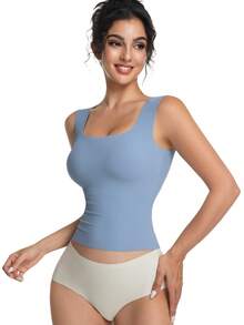 Women's Built-In Bra Tank Top Wide-Strap Square Neck  Ribbed Slim Fit Summer Wirefree Shelf Padded Tank Shirts - Màu xanh bụi bặm - Xem 6