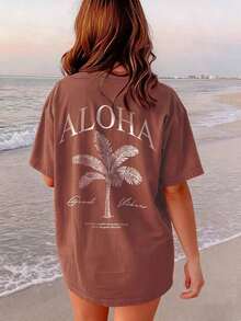 2026 Summer Shirts Women's New Palm Tree Slogan Print Casual Round Neck Short Sleeve T-Shirt, Fashionable Resort Style, Your Daily Essential Item. Gr - 磚紅色 - 查看 5